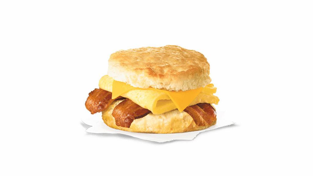 Bacon, Egg & Cheese Biscuit · Delicious strips of smoked applewood bacon along with folded egg and cheese served on a freshly baked buttermilk biscuit.