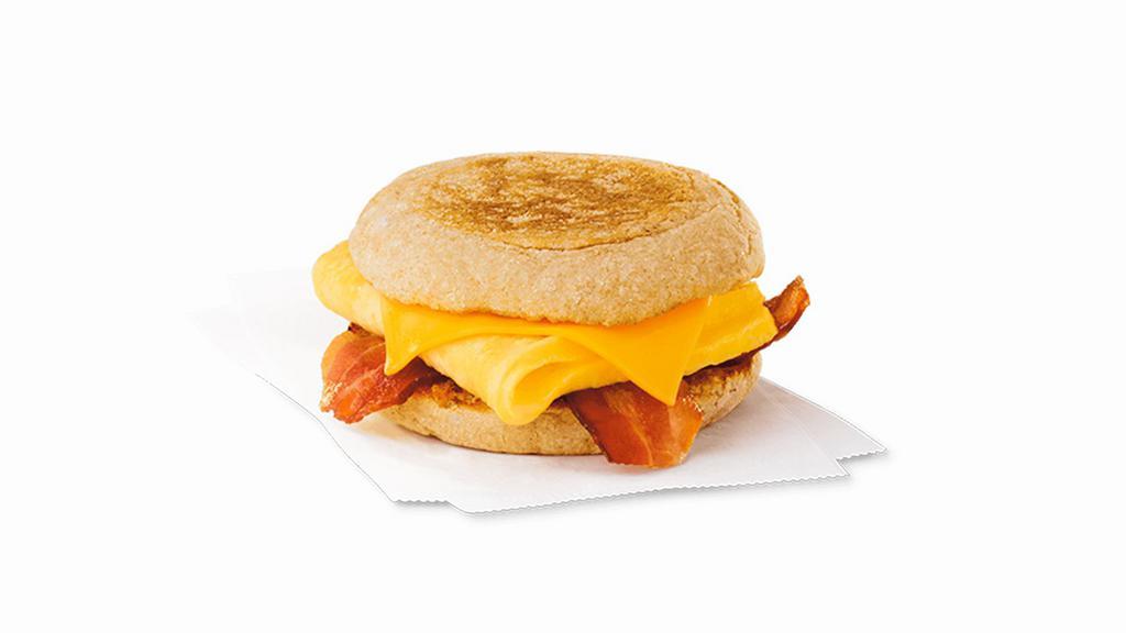 Bacon, Egg & Cheese Muffin · Delicious strips of smoked applewood bacon, folded egg and American cheese served on a toasted multigrain English muffin.