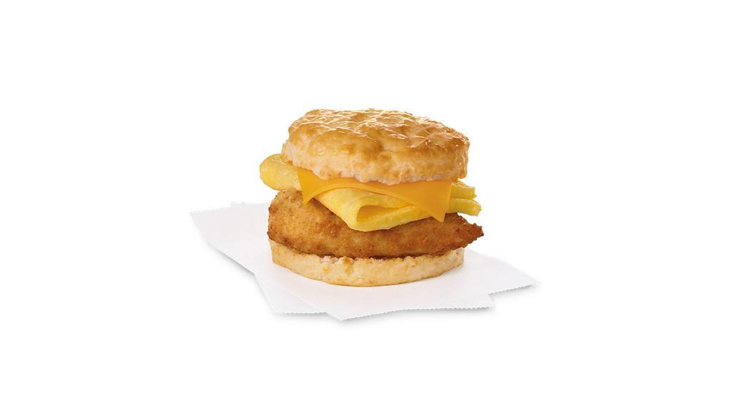 Chicken, Egg & Cheese Biscuit · A breakfast portion of our famous boneless breast of chicken, seasoned to perfection, freshly breaded, pressure cooked in 100% refined peanut oil, a folded egg and cheese, served on a buttermilk biscuit baked fresh at each Restaurant.