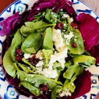 BEET SALAD · Organic spinach, roasted, beets, Jumpin Chevre cheese, dried cranberries.