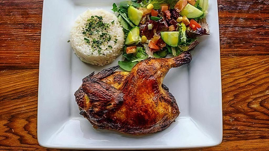 Mary's free range chicken marinated in spices and herbs roasted over open flame · Mary’s free range chicken marinated in spices and herbs roasted over open  flame. Served with 2 sides and sauces.