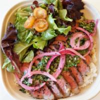 The Brazilian · Grilled Picanha Steak, Tropical Soy Sauce, Steamed White Rice, Chimichurri Sauce, Pickled Re...