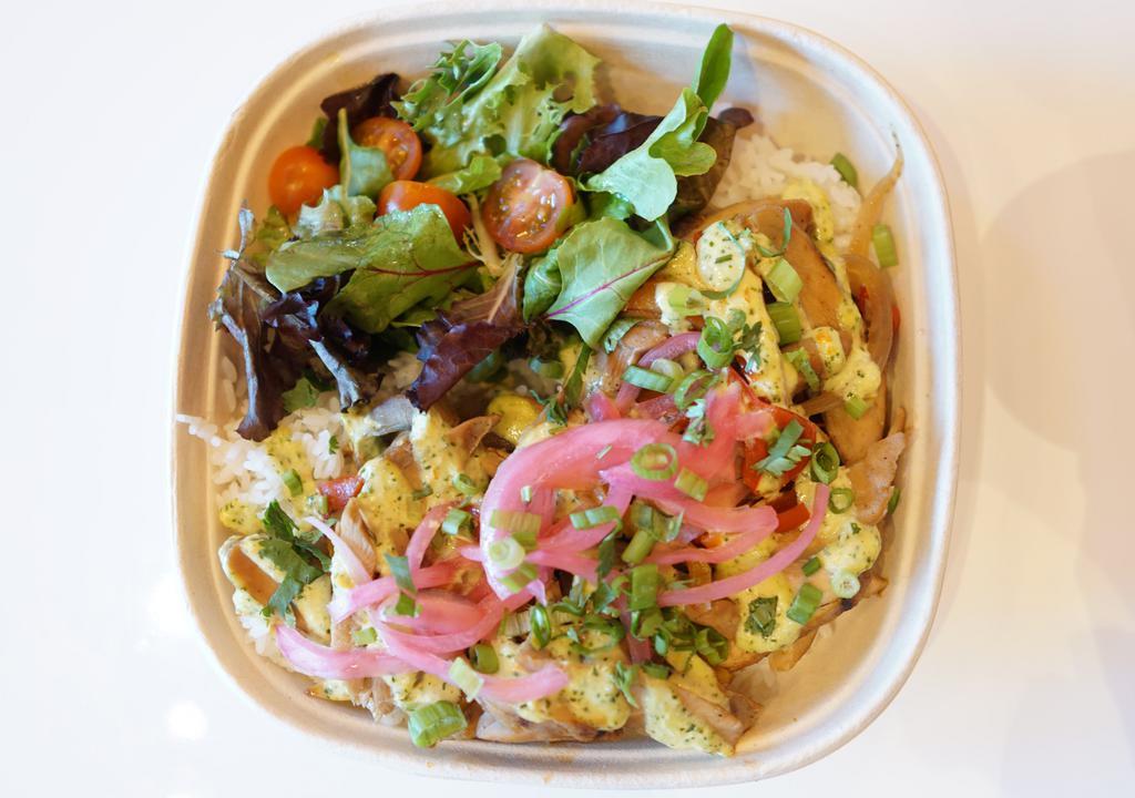 The Peruvian · Chicken in Peruvian inspired Sauce, Steamed White Rice, Sautéed Peppers and Onions, Aji Verde Sauce, Pickled Red Onions, Cilantro, Green Onion, Side Salad. Gluten Free