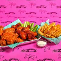 Major Hunger Pack: 15 Piece · 15 Classic Bone-in or Boneless wings with choice of 2 flavors, regular fries and 2 dips.