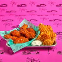 Never Stop Winging:  6 Wing Combo · 6 Classic Bone-in or Boneless wings with choice of 1 flavor, regular fries, 1 dip and a drink.