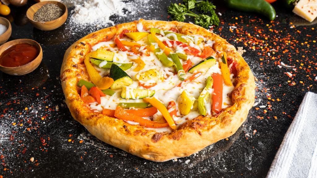 The Edgy Veggie · Bangin' bell peppers, meaty mushrooms, cherry tomatoes, marinated artichoke hearts, red onions, and mozzarella cheese pizza baked in a stone oven.