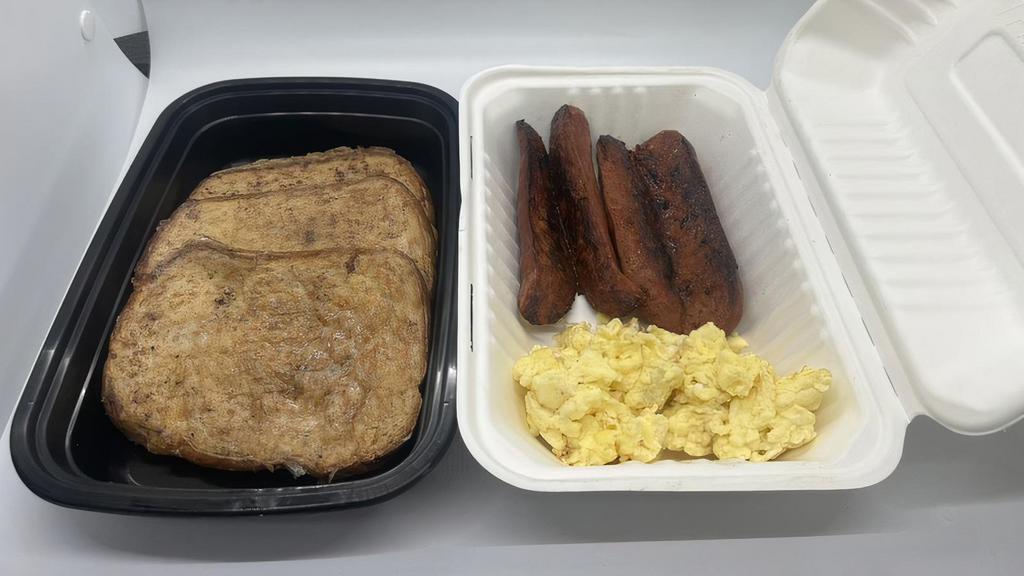 French Toast Combo · FRENCH TOAST, SCRAMBLED EGGS AND YOUR CHOICE OF PROTEIN