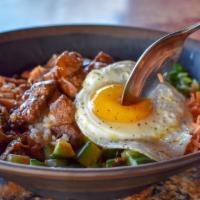 Bibimbap Bowl · Spicy gochujang marinated steak, sauteed mushrooms, cucumbers, shredded carrots served with ...
