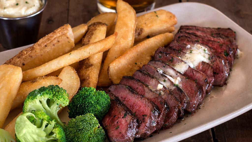 Steak Frites · Marinated flat-iron steak grilled & thinly sliced, topped with garlic butter
& served with steamed broccoli, fries & garlic aioli for dipping. 
Please advise on Steak Temp: Rare, Medium Rare, Medium, Medium Well or Well Done.