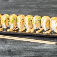 Green Dragon · Shrimp tempura, spicy crab, and cucumber, topped with ebi, avocado and spicy mayo. All rolls...