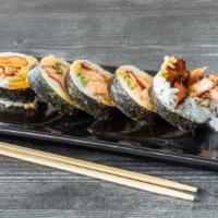 Chicken Teriyaki · Grilled chicken and cucumber, topped with teriyaki sauce. All rolls made with imitation crab.