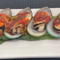 Spicy Green Mussels · 4 pieces. Green mussels topped with spicy house sauce.