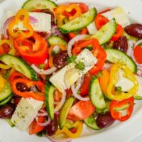 GREEK  SALAD · Authentic Greek salad, tomatoes, onions, cucumbers, feta cheese, kalamata olives, peppers, G...