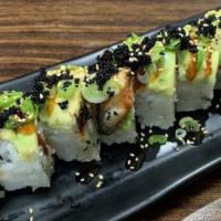 Dragon Roll · Eight pieces.Shrimp tempura, crabmeat cucumber top with avo, unagi, unagi sauce and sesame.