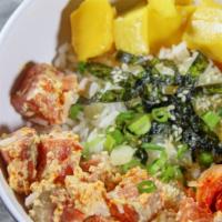 Salmon Lover · Customer choose base. Crab meat, three scoops salmon mix creamy poke sauce with cucumber, on...