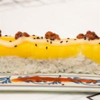 Honey Crunch Roll · Shrimp tempura, crab meat, top with mango honey walnut and house special sauce.