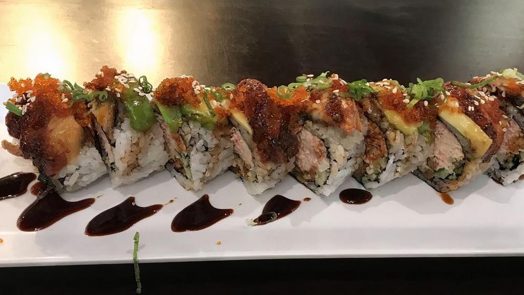 Spiderman · Soft shell crab roll, topped with unagi and avocado, tobiko.