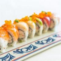 Rainbow Roll · California roll topped with assorted raw fish, avocado with tobiko.