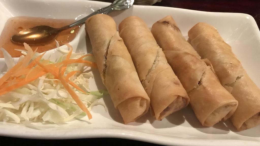 Thai Egg Rolls (4 pieces) · Deep fried egg rolls stuffed with silver noodles, black mushrooms, carrots, and shredded cabbage. Served with sweet and sour sauce.