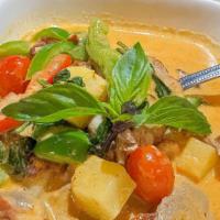Roasted Duck Curry · Roasted duck with red curry, tomatoes, pineapples, lychee, bell peppers, and basils. Served ...