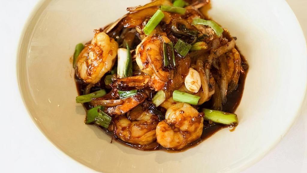 Caramelized Gulf Shrimp · Wild gulf shrimp, stir fried in the wok with chili sate, garlic, red onion, in a chili caramel sauce