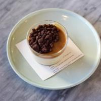 Butterscotch pudding, whiskey caramel, cocao crumble · Creamy chilled butterscotch pudding, topped with a smooth whiskey caramel, and sprinkled wit...