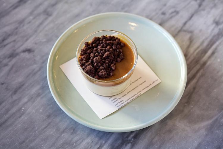 Butterscotch pudding, whiskey caramel, cocao crumble · Creamy chilled butterscotch pudding, topped with a smooth whiskey caramel, and sprinkled with dark chocolate gluten free cocoa crumbles.. *gluten free *