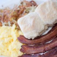 Two egg platter ( bacon or ur choice) · two eggs any style with choice of protein (bacon ,ssg, veggie ssg,....) with hash browns and...