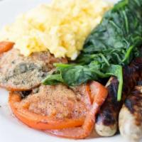 Mike's Low Carb · Garlic basil grilled tomato, chicken apple sausage and scrambled eggs or whites with steamed...