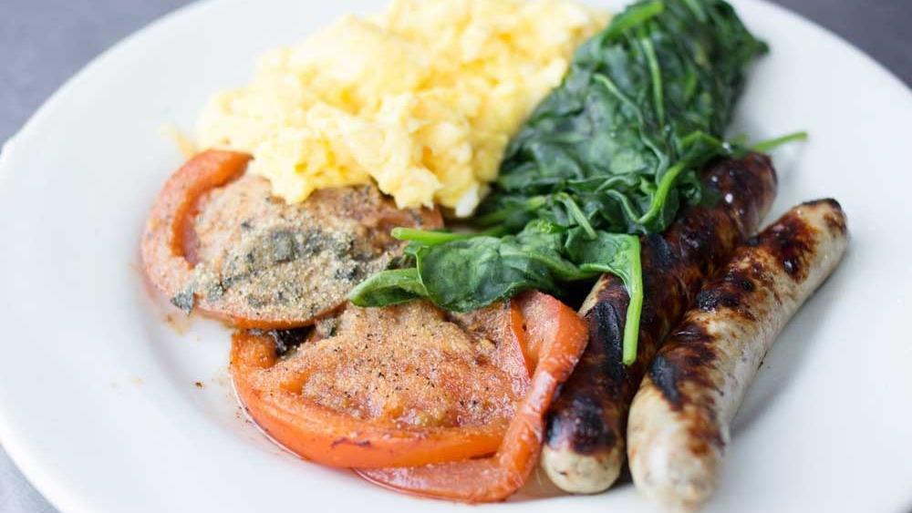 Mike's Low Carb · Garlic basil grilled tomato, chicken apple sausage and scrambled eggs or whites with steamed spinach.