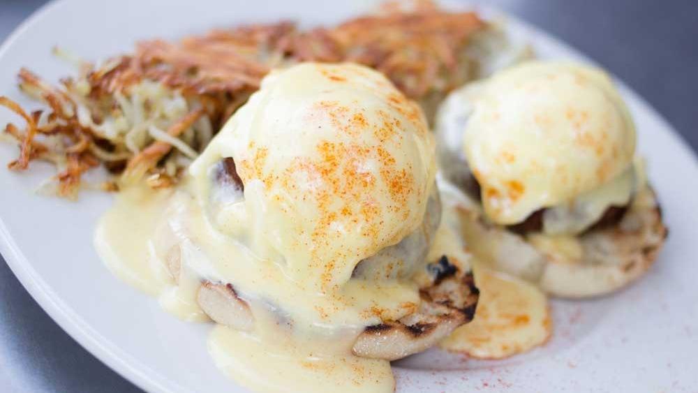 Crab Cake Benedict · Served on English muffin, poached eggs with hollandaise sauce and hash browns.
