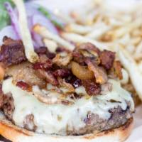 Porky's Cheeseburger · 8oz beef patty, cheese, grilled onions, bacon, mushrooms . Served on panorama brioche buns w...