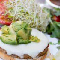 California Garden Burger · Veggie patty, avocado, sprout, lettuce, tomato, onion and pickle on panorama brioche bun. Se...