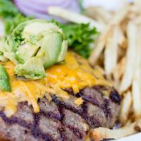 Chipotle Avo Burger · 8oz beef patty, cheese, house chipotle aioli and avocado . Served on brioche buns with tomat...
