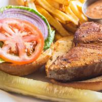 Ahi Tuna Burger · Cajun style Ahi tuna steak on brioche buns with chipotle aioli spread, lettuce, tomato, and ...