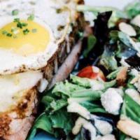 Croque Avocado · Avocado toast, egg, bacon, chives, and mix spring salad.