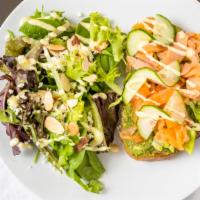 Croque Nordique · Smoked salmon, avocado, cucumbers, aioli sauce, lettuce and spring mix salad.