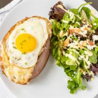 Croque Madame · French ham, Swiss cheese, mozzarella cheese, chives and mix spring salad.