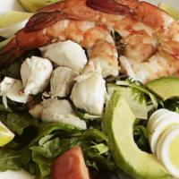Shrimp Louie Salad · jumbo shrimp, lump crab,  mixed lettuce, tomato, avocado, egg, thousand island dressing