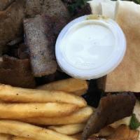 Beef and Lamb Gyro Plate · Thin sliced of gyro with yogurt sauce and the works!