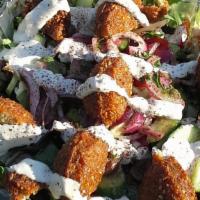 Falafel Salad · Romaine lettuce with tomatoes, cucumber, onions, house dressing topped with small falafels.