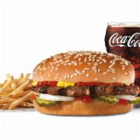 Big Hamburger Combo · Charbroiled all-beef patty, dill pickles, onions, mustard and ketchup on a sesame seed bun. ...