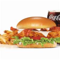 Hand-Breaded Bacon Swiss Chicken Sandwich Combo · Premium, all-white chicken fillet, hand dipped in buttermilk, lightly breaded and fried to a...