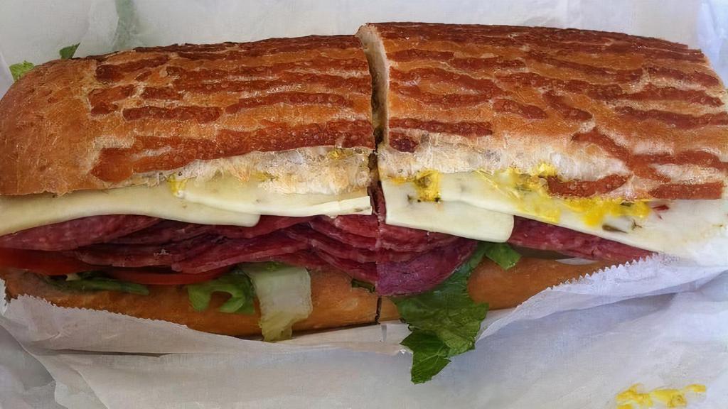 Salami · Includes mayonnaise, mustard, lettuce, tomato, pickle, onion and our sun-dried tomato tapenade.