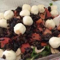 Campari Salad · Chicken breast, fresh mozzarella, tomatoes, black olives and grated provolone. Served with o...