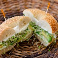 The Californian · Avocado, cream cheese, and spouts on a toasted bagel.