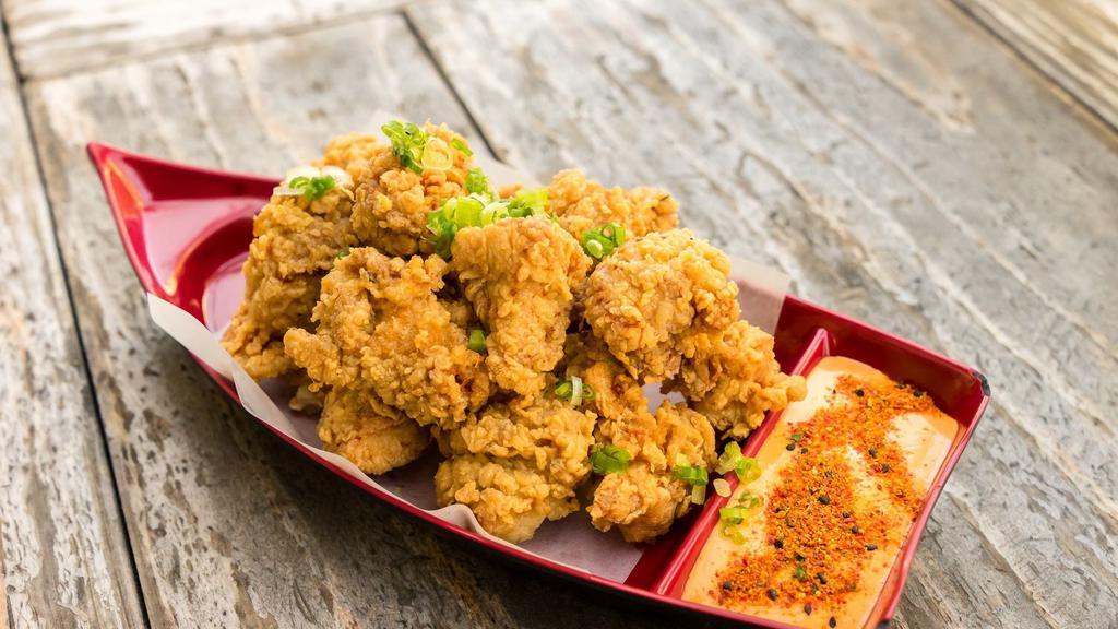 Chicken Karaage · Fried marinated and breaded chicken with spicy mayo.