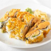 Crunchy Spicy California Roll · Spicy imitation crab, avocado topped crispy tempura bits and spicy mayo.