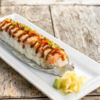Lion King Roll · Imitation crab, avocado topped baked salmon, Parmesan cheese, and masago and unagi sauce.