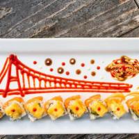 Golden Gate Roll · Imitation crab, avocado, topped salmon, and shrimp tempura.